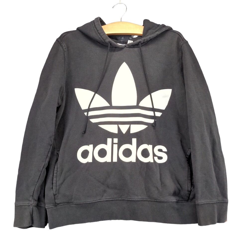 Adidas Hoodie Mens Medium Black Big Trefoil Logo Pullover Sweatshirt